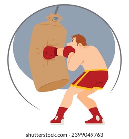 Athlete in training. Boxer hits punching bag. Funny people. Illustration concept template for website, web landing page, banner, presentation, social, poster, promotion or print media.