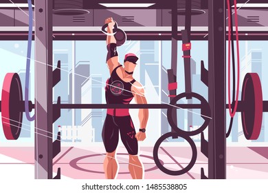 Athlete training in gym vector illustration. Strong man pumping muscles with big weight flat style design. Gymnasium interior with barbell and gymnastic rings. Healthy lifestyle concept