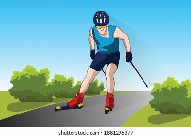 The athlete trains, rides on roller skis in a helmet and with ski poles. Roller sports. Summer illustration of a man on roller skis.