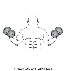 Athlete with two dumbbells in black on a white background, vector illustration.