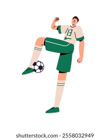 Athlete in uniform plays soccer. Sportsman kicks, hits, bounces ball with foot. Professional football player training sports tricks, dribbling. Flat isolated vector illustration on white background