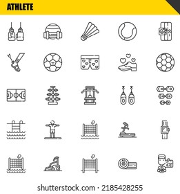 athlete vector line icons set. boxing glove, volley and football field Icons. Thin line design. Modern outline graphic elements, simple stroke symbols stock illustration