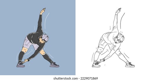 Athlete warming up before running on the blue background vector line art modern illustrations