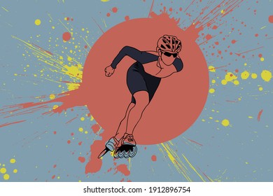 Athlete, wearing a helmet in sports equipment on roller skates