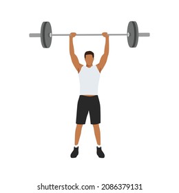 an athlete weightlifter performs a sports exercise overhead press with a barbell, in a graphic flat illustration