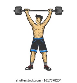 Athlete weightlifting barbell sketch engraving vector illustration. T-shirt apparel print design. Scratch board imitation. Black and white hand drawn image.