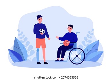 Athlete in wheelchair playing basketball and football. Active men with disability training with balls flat vector illustration. Game, sport concept for banner, website design or landing web page