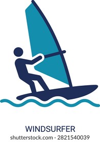 Athlete windsurfing on ocean waves. Blue sailboard icon on transparent background. Extreme water sports illustration.