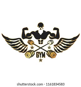 Athlete with wings and dumbbells symbol for the gym