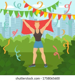 Ganadora atleta en parque, ilustración vectorial. Actividad de correr trotando, personajes adultos acaban la maratón, triunfo en el deporte de dibujos animados. Hombres deportivos en competición de carreras de velocidad, estilo de vida saludable.