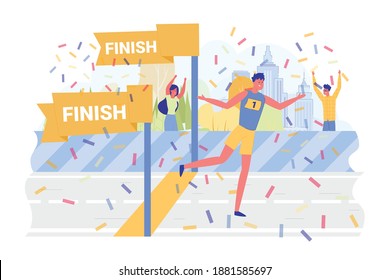 Athlete Wins Race, Confetti Fly around, Cartoon. Young Man Resorts to Designated Finish Place, he Wins City Marathon. Viewers Watch at Him, and with him Rejoice in his Victory in Autumn Park.