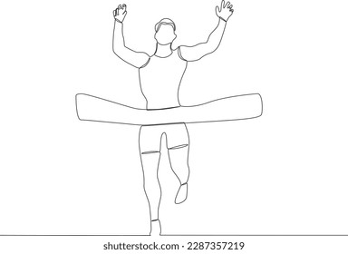 An athlete wins a running match inside the stadium. Finish line one-line drawing