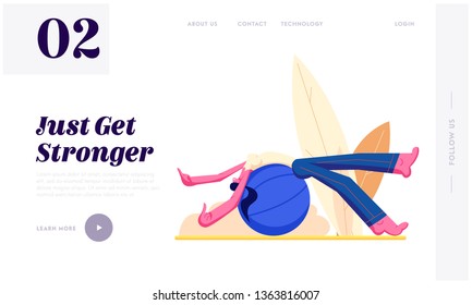 Athlete Woman Character Training with Fitball Openair, Sporty Activity, Fitness and Aerobics Lifestyle, Girl Engaging Sport. Website Landing Page, Web Page. Cartoon Flat Vector Illustration, Banner