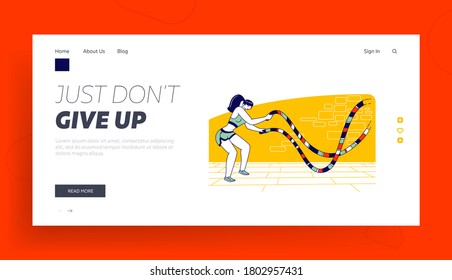 Athlete Woman with Fit Body Exercising Activity in Gym Landing Page Template. Sportswoman Character with Battle Rope Functional Fitness Cross Training, Bodybuilding Sport. Linear Vector Illustration