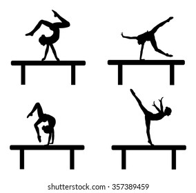 Athlete woman in gym exercise. Ballet girl vector figure isolated on white background. Black silhouette illustration of gymnastic woman. Rhythmic Gymnastics girl perform on the shaft.