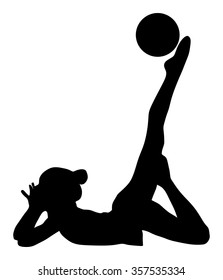 Athlete woman in gym exercise. Ballet girl vector figure isolated on white background. Black silhouette illustration of gymnastic woman. Rhythmic Gymnastics girl perform with ball.