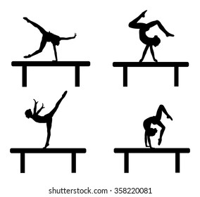 Athlete woman in gym exercise. Ballet girl vector figure isolated on white background. Black silhouette illustration of gymnastic woman. Rhythmic Gymnastics girl perform on the shaft.