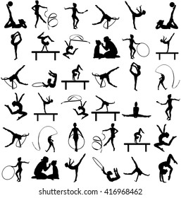 Athlete woman in gym exercise. Ballet girl vector figure isolated on white background. Black silhouette illustration of gymnastic woman. Rhythmic Gymnastics vector silhouette big group.