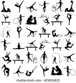 Athlete woman in gym exercise. Ballet girl vector figure isolated on white background. Black silhouette illustration of gymnastic woman. Rhythmic Gymnastics vector silhouette big group.