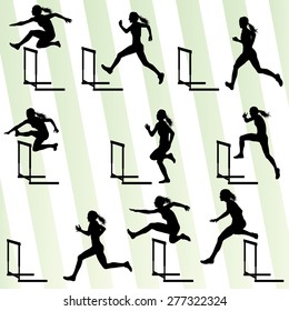 Athlete Woman Hurdling In Track And Field Vector Background Set Concept