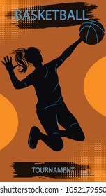 Athlete woman in a jump with a basketball - art vector. Basketball Championship Sports Poster