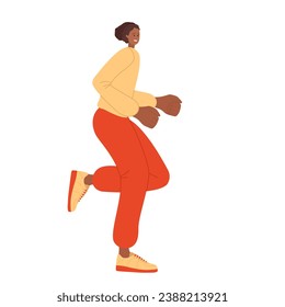 Athlete. Woman runs or warms up before sports. Girl with sports uniform doing fitness, sport, train. Healthy lifestyle, outdoor sport. Colored vector illustration isolated. Active Lifestyle Concept.