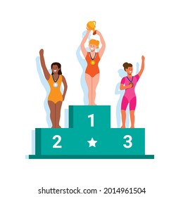 Athlete woman swimmer on winner podium. sport competition ceremony illustration vector