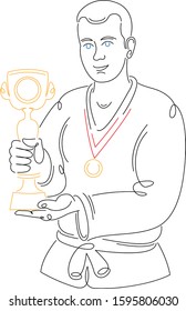 Athlete wrestler with a medal and a cup.Isolated sign doodle  hand drawn abstract continuous multi line.Sketch cartoon drawing illustration linear outline