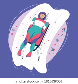 Athlete-luge performs a turn in the competition. Vector illustration isolated on a purple background. Postcard, poster, banner