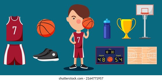 Athletes and basketball sport equipment with objects such as soccer, ball, uniforms, court, shoe, trophies, water bottles. isolated vector illustration 