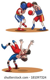 Athletes: boxers and wrestlers. Vector illustration 