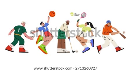 Athletes characters collection in retro cartoon style. Colorful people in dynamic poses. Baseball, basketball, golf, tennis. Sports, competition and healthy lifestyle concept