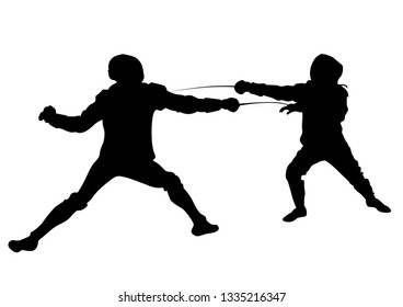 Athletes compete in fencing against a white background