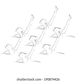 Athletes competes in the synchronized swimming. Abstract image of the sportsman. Illustration on white background.