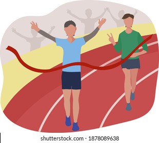 Athletes cross the finish line through a red ribbon. Running competition, marathon distance or sports jogging in the stadium. The runner is the winner. Vector flat illustration.