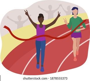 Athletes cross the finish line through a red ribbon. Running competition, marathon distance or sports jogging in the stadium. The runner is the winner. Vector flat illustration.