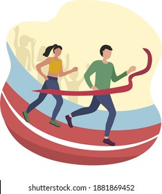 Athletes cross the finish line through a red ribbon. Running competition, marathon distance or sports jogging in the stadium. The runner is the winner. Vector flat illustration.