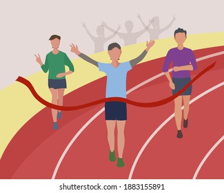 Athletes Cross The Finish Line Through A Red Ribbon. Running Competition, Marathon Distance Or Sports Jogging In The Stadium. The Runner Is The Winner. Vector Flat Illustration.