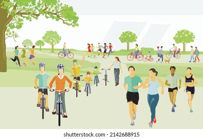 Athletes and cyclists at leisure in nature, illustration