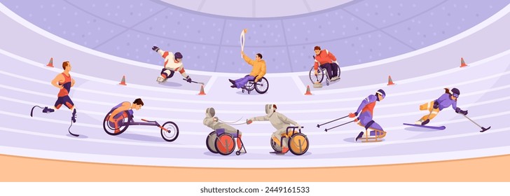 Los atletas con discapacidad que compiten en varios deportes sobre un fondo púrpura, concepto de inclusión y Juegos paralímpicos, Ilustración vectorial. Ilustración vectorial