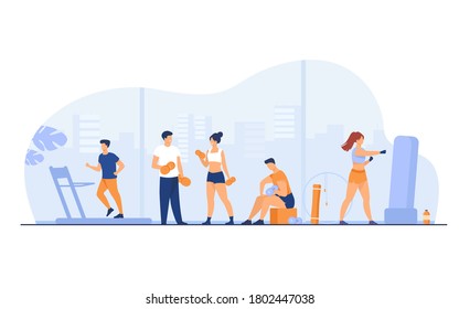 Athletes doing fitness exercise in gym with panoramic windows isolated flat vector illustration. Cartoon people cardio training and weight lifting. Sport activity and lifestyle concept