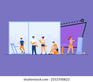 Athletes doing fitness exercise in gym with panoramic windows isolated flat vector illustration. Cartoon people cardio training and weight lifting. Sport activity and lifestyle concept