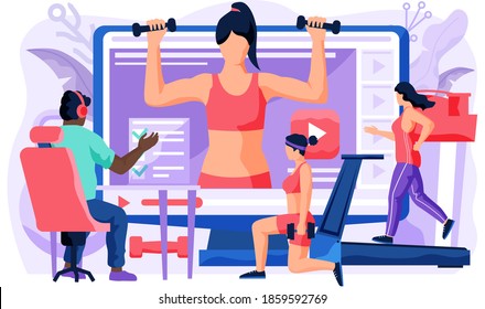Athletes doing lunges with dumbbells in their apartment. People repeat exercises behind a girl trainer on a computer monitor. Sports online video blog. Guy in headphones looks at the screen