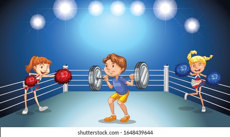 Athletes doing weightlifting and cheerleading on the stage illustration