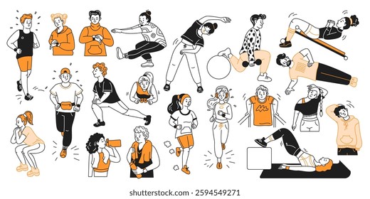 Athletes engaging in diverse physical activities color linear icons collection. Promoting healthy and active lifestyle doodle characters on white