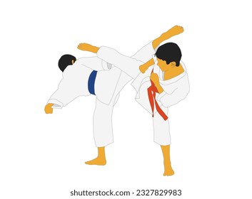 Athletes fight in a kimono and with different belts on the white background