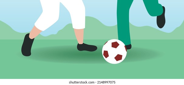 Athletes' foots. Playing football. Flat vector stock illustration. Ball is on field. Team play. Forward footballer