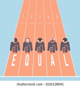 Athletes get ready at starting point. Metaphor of competition to describe equal opportunities. Vector illustration.