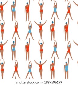 Athletes Girls in swimsuit seamless pattern. Woman swimming. Female swimmets im different poses. Isolated on white. Top view. Flat vector illustration.