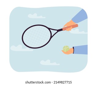 Athletes hands holding tennis racket and ball. Active person training on court, playing sport game flat vector illustration. Competition, match concept for banner, website design or landing web page